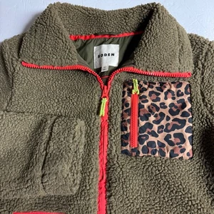 Boden Olive Green Leopard Trim Fleece Jacket Women US 8 - Picture 1 of 9