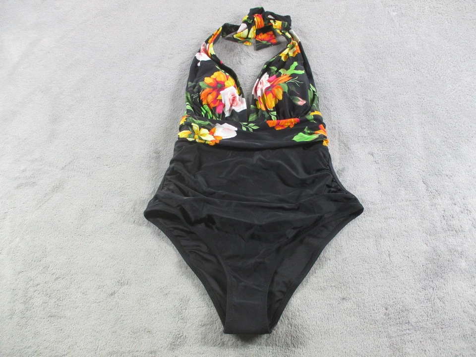 CUPSHE Swimsuit Womens Medium Black Floral One Piece Halter Ruched Tummy - Image 1 of 4
