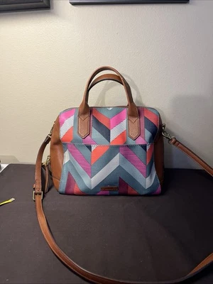 FOSSIL Fiona Multicolor Chevron Coated Canvas Satchel Crossbody Bag Purse Med - Image 1 of 4