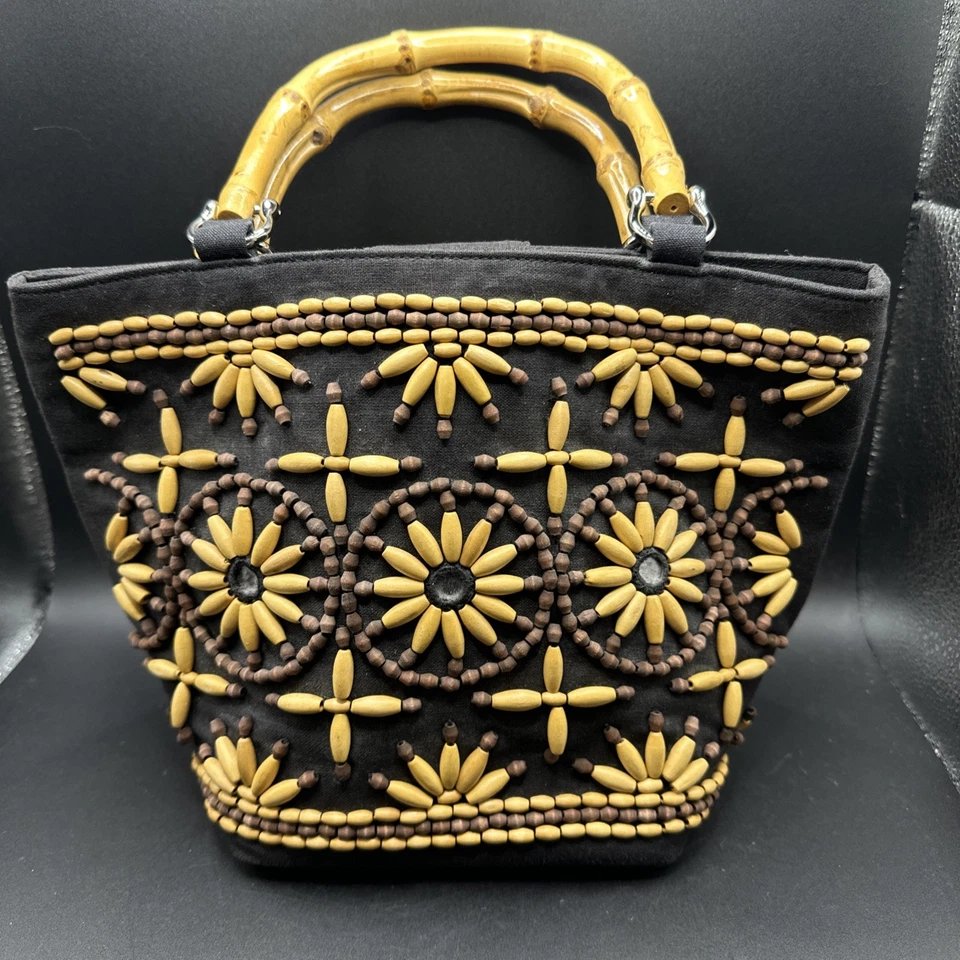 Bolso de Mano Talbots Cuentas Lino Marrón Asas de Bambú Cierre Magnético Bolsillo con Cremallera Foto 1 de 4