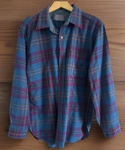 Vintage 1960s Pendleton Wool Board Shirt Mens L Blue Plaid USA Made Surf Style - Picture 1 of 11