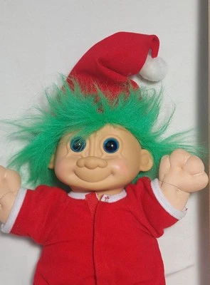 Russ Troll Santa Plush 13” Red Christmas Hat Pajamas Bodysuit Green Hair Doll - Image 1 of 4