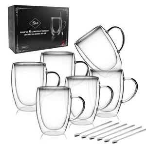 6 Pack Double Walled Coffee Cups Glasses Mugs, 12oz Espresso Cappuccino Latte... - Picture 1 of 6