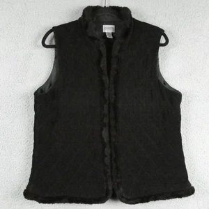 Chico's Travelers Vest Womens Large Black Quilted Faux Fur Trim Hook Eye Lined - Picture 1 of 10