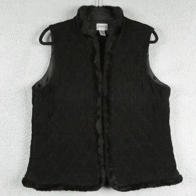 Chico's Travelers Vest Womens Large Black Quilted Faux Fur Trim Hook Eye Lined - Image 1 of 4