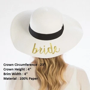 Bride Wedding Lover White Stripe Straw Sun Floppy Beach Hat Wide Brim Party - Picture 1 of 2