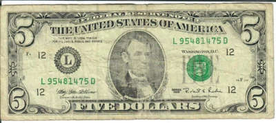 1995 5$ FRN - Small portrait w/ security thread - MEW/RER L95481475D - #15356 - Image 1 of 2