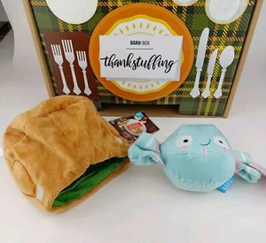 2 Bark Box Dog Toys Mr. Puggles Fuzzy Yummies/Seconds & Goal Turkey New w/Tags - Picture 1 of 8