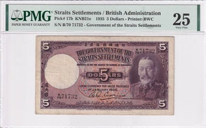 STRAITS SETTLEMENTS 5 Dollars 1935 P-17b PMG 25 Very Fine Banknote - Picture 1 of 4