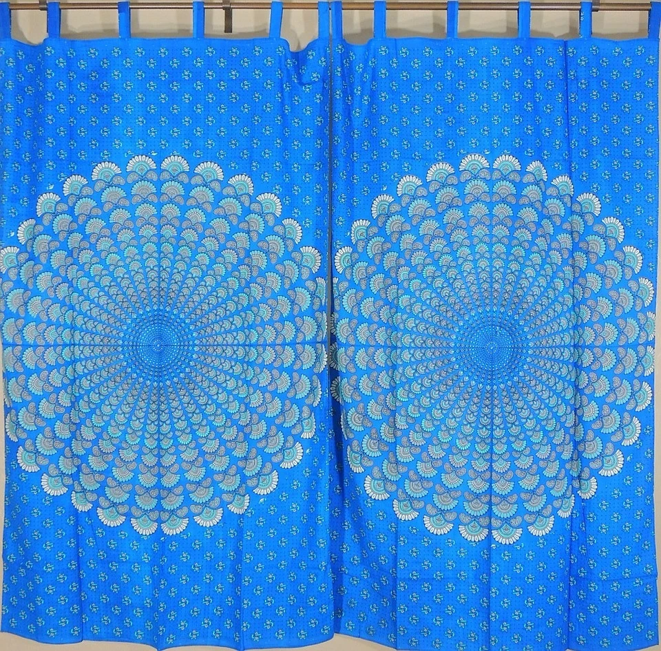 Peacock Tail Fan Print India Inspired Decor Curtains Cotton Window Treatments - Image 1 of 1