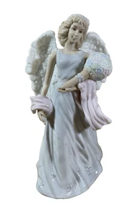 BELLEZZA BREANNE ANGELO STATUINA STATUA PORCELLANA BLU GRIGIO ABITO BOUQUET 9,5" T - Foto 1 di 8