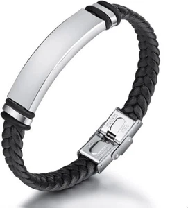 Bracciale Pelle Moda Uomo Gioielli Nero Acciaio Inox Chiusura Braccialetto Intrecciato - Foto 1 di 7