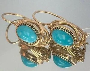 Pierced Earrings 18k Gold Filled Turquoise Blue Gemstones Drop Dangle Small Oval - Picture 1 of 24
