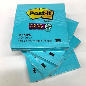 4 Post-it Notes Blue Super Sticky Pads 3” x 3” 90 Sheets Per Pad - Picture 1 of 4