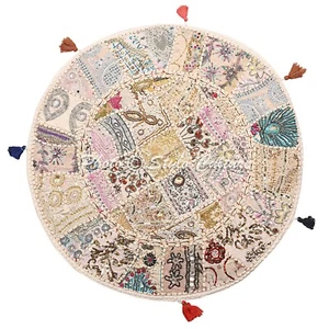 Indian Boho Round Patchwork Floor Cushion Cover Seating Embroidered Cotton 28x28 - Picture 1 of 4