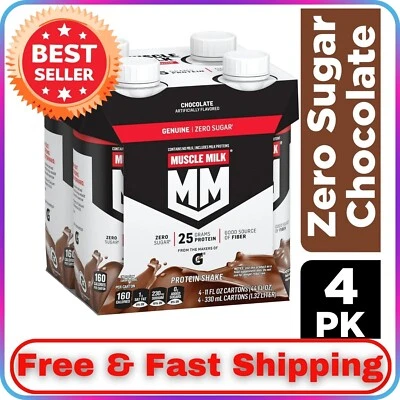 Batido de proteínas genuinas Muscle Milk, sabor chocolate, 11 fl oz por caja, paquete de 4 Foto 1 de 4