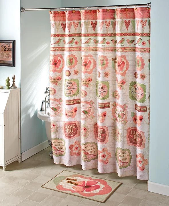Juego de baño completo alfombra cortina de ducha vintage Spring Birds retro corazones amor rosas Foto 1 de 4