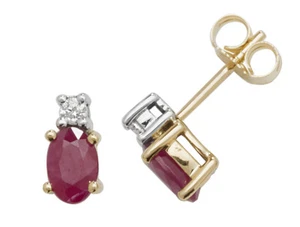Diamond Stud Earrings 9ct Carat White/Yellow Gold Ladies 0.08 Carat with Ruby - Picture 1 of 3