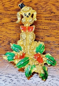 Vintage 50er Jahre goldfarbene Weihnachten Poddle Brosche mit Emaille ca. 2" - Bild 1 von 8