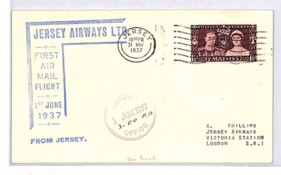 JERSEY AIRWAYS CHANNEL ISLANDS Air Mail FIRST FLIGHT 1937 London YK386 - Image 1 of 4