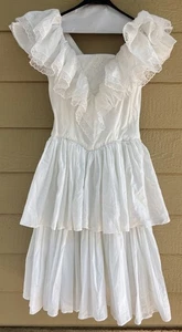 Vintage 80er Handarbeit Prärie Kleid Rüschen Baumwolle Flatterärmel Cottagecore Spitze - Bild 1 von 12