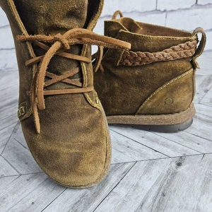 BORN BROWN LEATHER BOOTIES Shoes Womens 9 Boho Lace Up Hippie Fairy Nature Girl - Picture 1 of 15