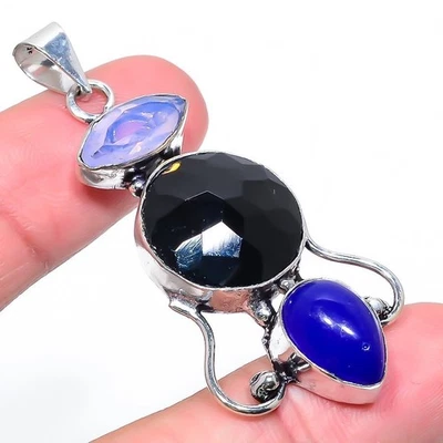 Spinello nero, pietra preziosa calcedonio argento sterling 925 ciondolo... - Immagine 1 di 4