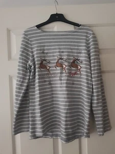 Joules Christmas reindeer grey/white stripe Breton long sleeve top VGC - UK 10 - Picture 1 of 10