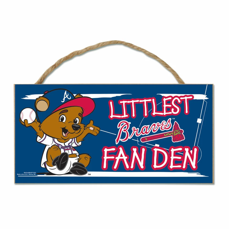MLB LITTLEST BRAVES FAN DEN SIGN 5 X 10  WOODEN WITH ROPE HANGER NEW - Image 1 of 1