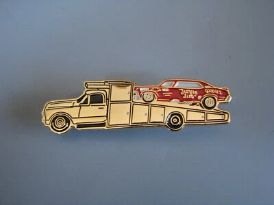 JUNGLE JIM LIBERMAN RAMP TRUCK W/ RED NOVA FUNNY CAR NHRA DRAG RACING HAT PIN - Image 1 of 2