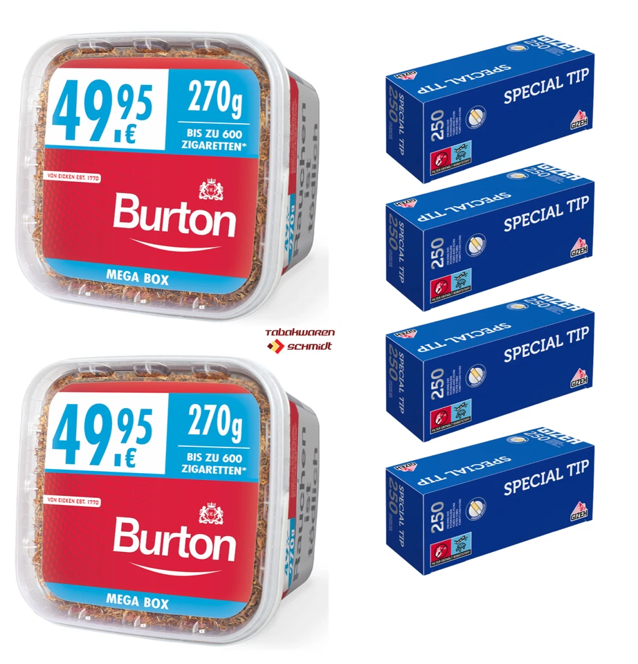 2x Burton Red Tabak MEGABOX 270 g mit 1000 Special-Tip KingSize-Filterhülsen - Bild 1 von 1