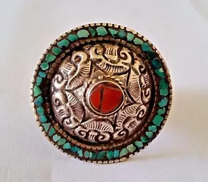 NEPALESE PRE OWNED VINTAGE HANDMADE TURQUOISE RING R101 SIZE 7.5 - Picture 1 of 2