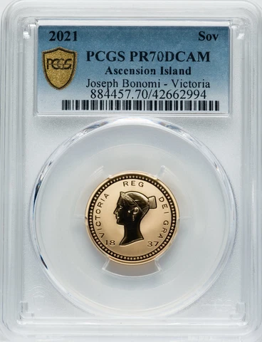 2021 Gold Victoria Sovereign PCGS PR70 DCAM, British Bonomi Pattern Cover