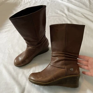 KEEN Women’s 6.5 Kate Slouch Mid Calf Brown Leather Wedge Boots Booties - Picture 1 of 11