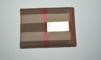 NWT BURBERRY LEATHER AND VINTAGE CHECK CANVAS CARD CASE WALLET WITH MONEY CLIP - Image 1 of 4