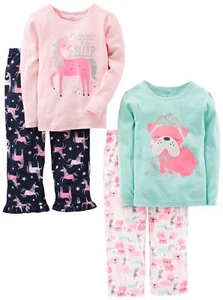 Girls' 4-Piece Pajama Set Cotton Top & Fleece Bottom Mint Green Puppy/Navy/Pi... - Picture 1 of 3