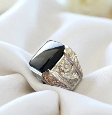 Anillo de plata esterlina 925 de ágata negra azabache natural para hombre real yemení Zard Aqeeq Foto 1 de 4