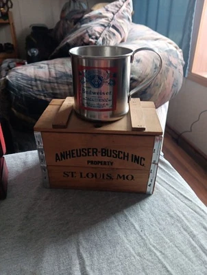 Mini Replica Anheuser Busch Beer Crate With Stainless Steel Budweiser Cup - Image 1 of 4