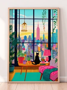 Póster de arte de pared de gato de Nueva York - Colorido maximalista decoración de la ciudad de Nueva York - Imagen 1 de 5