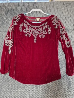 Blusa Sundance Top Terciopelo Bordado Campesino Rojo Rayón Mezcla Seda Talla XS-  Foto 1 de 4