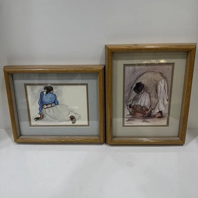 Lote De 2 Impresiones Artísticas De Colección R C Gorman Navajo Mujer Mate y Enmarcado En Madera Foto 1 de 4