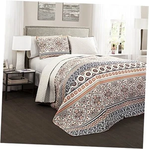 Nesco Quilt Striped Pattern Reversible 3 Piece King Quilt Set Navy and Coral - Picture 1 of 5