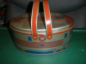 1930's Art Deco DECOWARE Tin Lunch Box Oval Double Handle “Train” - Vintage - Picture 1 of 8
