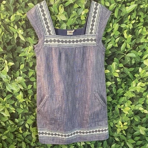 Faherty Womens Sz S Hailee Organic Cotton Denim Shift Dress Embroidered Trim Blu - Picture 1 of 11