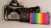  NEW  BETSEY JOHNSON MAKE-UP RAINBOW/BLACK heart- WEEKENDER BAG 3 piece  SET 