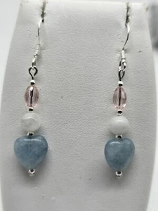 Aquamarine Heart & Moonstone w Crystal Accent Stamped 925 Earrings - Picture 1 of 7