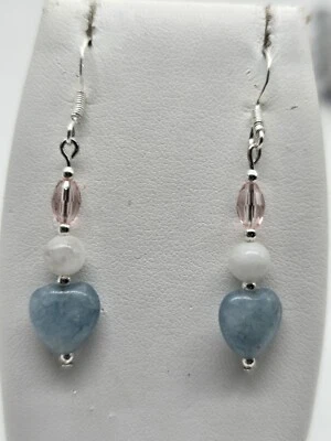 Pendientes de corazón y piedra lunar de aguamarina con acento de cristal estampados 925 Foto 1 de 4