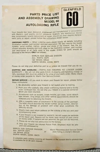 Glenfield 60 Autoloading Rifle Parts List and Assembly Diagram - ORIGINAL - 1974 - Picture 1 of 1