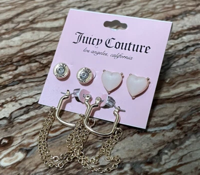 Juicy Couture Jewelry Gold Trio Stud Earrings Set Resin Heart Chandelier Hoops - Image 1 of 4