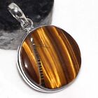 Tiger Eye 925 Silver Plated Round Gemstone Pendant 1.7" Best Gift For Women c987